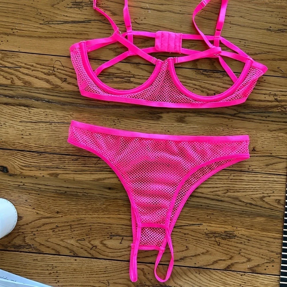 Hot Pink  mesh banded, open bra, and panty set NWOT.